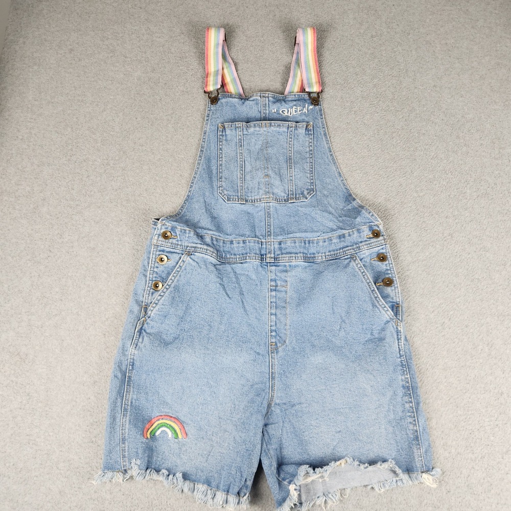 Target Queen Denim Shortalls Womens Medium Blue Rainbow Strap Casual Frayed Hem
